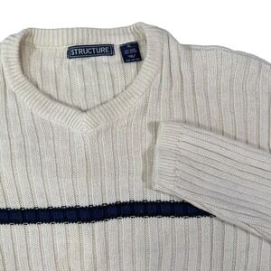 Structure XL Cream V-Neck Ribbed Knit Sweater Navy Stripe Coastal Retro